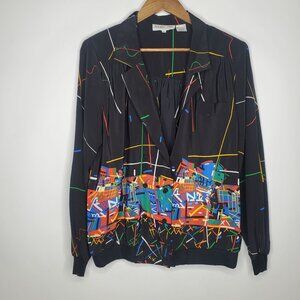 Vintage Andrea Gayle Women's Abstract Print Blouse Size 12 Colorful 80's Collar